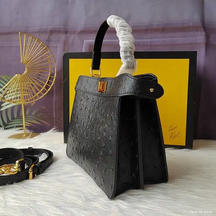 Cheap Black Petite Ostrich Leather Bag Peekaboo ISeeU In Fendi 0322 HOT SALE